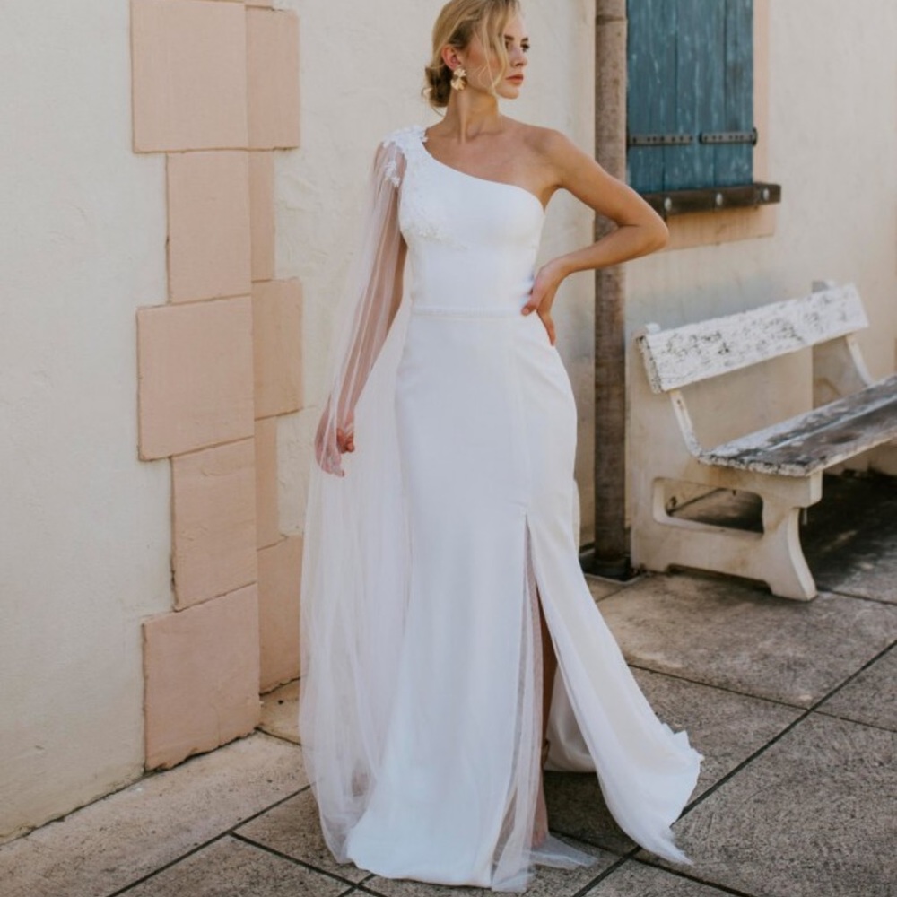 Unique One Shoulder Wedding Gown with Cape NWOT
